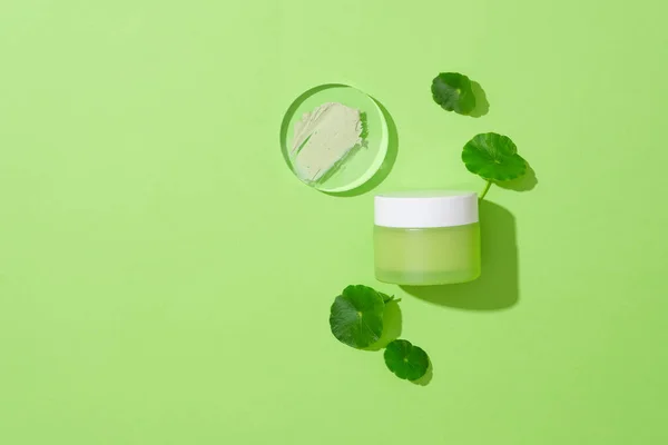Smear Lotion Glass Platform Jar Cosmetics Fresh Pennywort Displayed Green — Stock Photo, Image