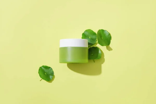 View Unbranded Moisturizer Jar Fresh Pennywort Leaves Standing Out Pastel — Stock Photo, Image