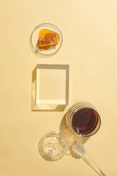 Blank Glass Podium Placed Pastel Background Product Display Honey Stored — Stock Photo, Image