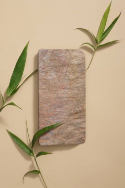Kahverengi arka planda yeşil bambu yapraklarıyla süslenmiş kahverengi dikdörtgen podyumun üst görüntüsü. Ürün tasarım ve ekran için boş alan. Asgari stil, reklam fotoğrafı