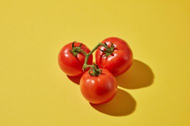 Meyveli minimal sahne. Sarı arka planda gölgesi olan üç olgun taze domatesin üst görüntüsü. Domatesler sağlık ve bağışıklık sistemi için yararlı olan birçok besin içerirler.