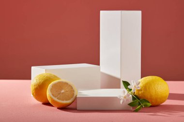 En az boş ürün sunum sahnesi. Pembe arka planda beyaz silindir podyumlar ve taze limon ve beyaz çiçek. Doğal C vitamini cilt bakımı güzellik ürünü konsepti.
