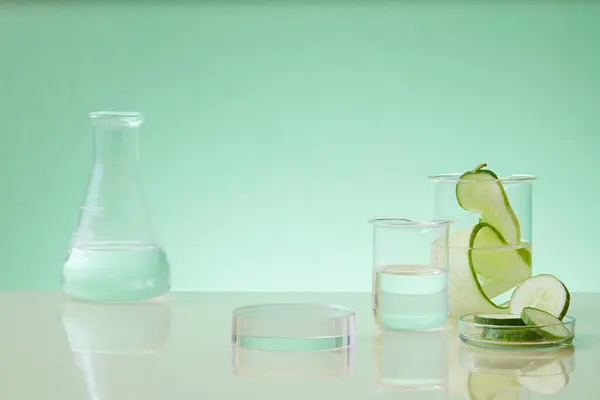Showcase Cosmetics Pedestal Modern Laboratory Equipment Fresh Cucumber Slices Decorated — Stock Photo, Image
