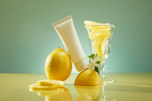 化妆品广告场景 用新鲜柠檬 柠檬片 白花和玻璃杯装饰绿色背景的塑料管 品牌造型用空白标签 — 图库照片