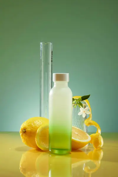 一个没有品牌的渐变玻璃瓶 背光背景装饰着柠檬皮和半柠檬 柠檬配料 新鲜柠檬调味饮品的调味产品 — 图库照片