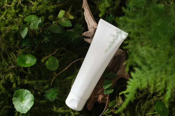 Scene Advertising Cosmetic Promote Branding Natural Concept White Plastic Tube — Stock Photo, Image