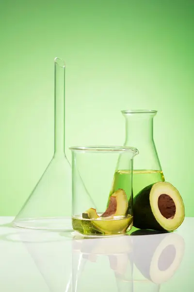 Front View Lab Glassware Containing Essential Oil Avocado Fresh Organic — Stock Photo, Image