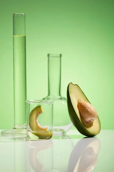 Fresh Half Avocado Seed Avocado Slice Beaker Lab Glassware Decorated — Stock Photo, Image