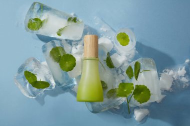 Vücut ve yüz için doğal kozmetik modeli dondurulmuş gotik kola yapraklarına yerleştirilmiş mavi arka plandaki buz küplerinde. Tasarımınızı göstermek için üzerinde boş etiket olan yeşil şişe