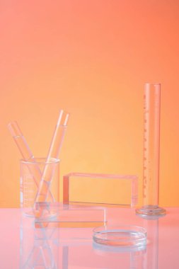 Laboratuvar ekipmanlarıyla en düşük arka plan - deney tüpleri deney kabında ve petri kabı turuncu arka planda renksiz. Ürün sunumu için silindirik şeffaf podyum. Ön görünüm