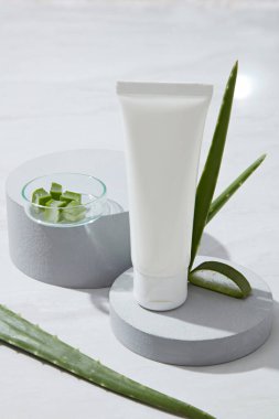 Yuvarlak podyumda etiketsiz beyaz plastik bir tüp, beyaz arka planda taze aloe vera. Aloe vera özü için makyaj sahnesi - antioksidan, vitamin gibi birçok besin içerir (A, C, E)