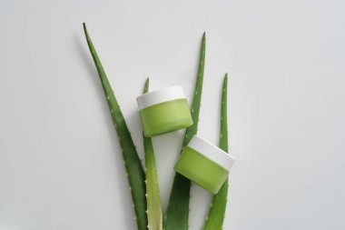 Beyaz arka planda aloe vera yapraklarıyla süslenmemiş yeşil krema kavanozları. Vücut ve saç bakımı için doğal malzemelerden kozmetik maketi.)