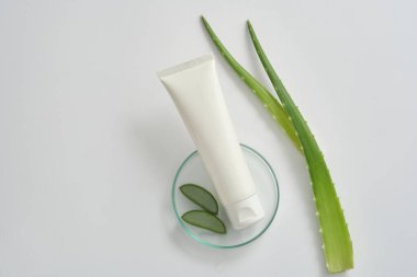 Kozmetik tüpleri, petri kabına yerleştirilen tasarım modelleri ve beyaz arka plandaki aloe vera yaprakları için. Aloe vera özü ile temizleyici, nemlendirici ya da losyon için ambalaj.