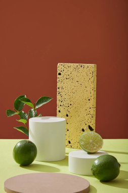 Ön manzara ya da boş podyumlar, taze limon ve yeşil yapraklar arka planda dekore edilir. Kozmetik ürün sunumu için kopya alanı olan boş minimal arkaplan - C vitamini içeren doğal özet