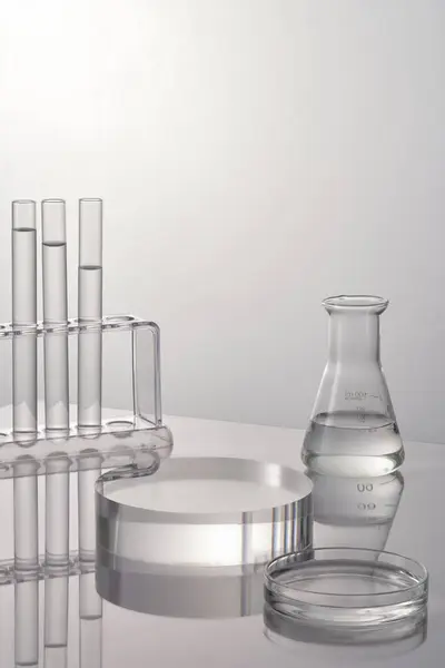 Lab Theme Lab Glassware Transparent Podium White Background Test Tubes — Stock Photo, Image