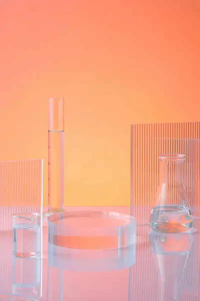 Front View Transparent Podium Laboratory Glassware Filled Colorless Liquid Ribbed — Stock Photo, Image