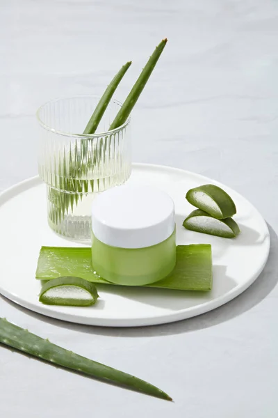 Mockup Scene Cosmetic Natural Extract Cream Jar Unlabeled Fresh Aloe — Stock Photo, Image