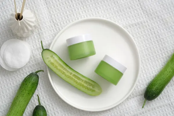 Top View Cream Jars Cucumber Slices Dishes Cotton Pads Reed — Stock Photo, Image