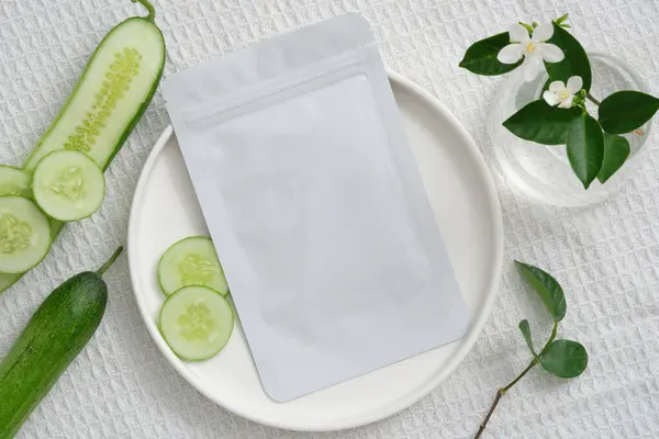 Advertising Scene Sheet Mask Product Natural Ingredients Cucumber Mask Packaging — Stock Photo, Image
