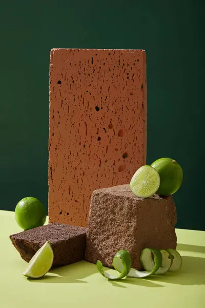 Minimal Background Brown Stone Podiums Fresh Limes Citrus Aurantifolia Slices — Stock Photo, Image