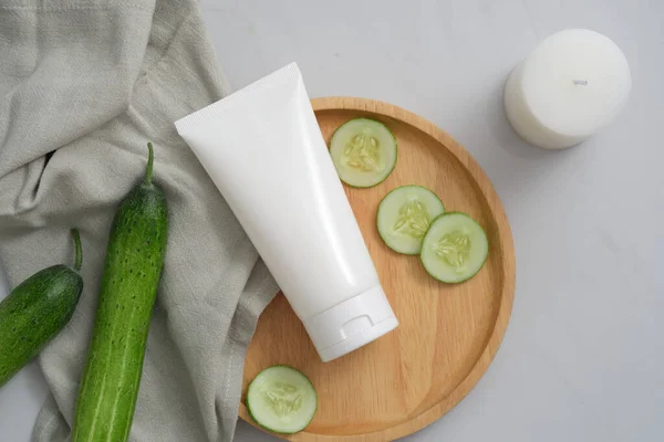 Mockup Scene Cosmetics Cucumber Extract Copy Space White Plastic Tube — Stock Photo, Image