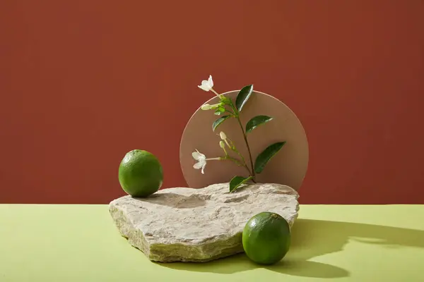 Scene Display Cosmetic Lime Extract Stone Podium Fresh Limes Color — Stock Photo, Image