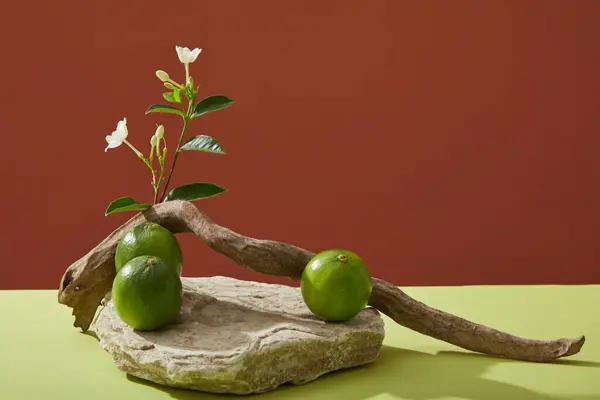 Minimal Concept Beauty Products Lime Ingredients Presentation Stone Podium Flower — Stock Photo, Image