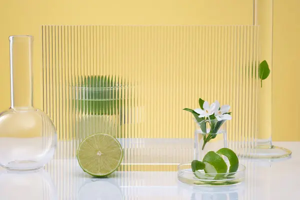 介绍了用透明讲台 实验室玻璃器皿 白花分枝 半石灰装饰黄底的石灰提取物的广告宣传现场 展示产品的空间 — 图库照片