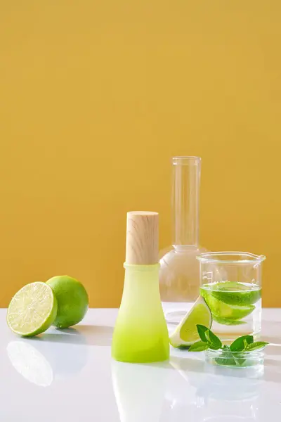 Mockup Product Ingredient Lime Essential Oil Glass Bottle Unlabeled Fresh — Stock Photo, Image
