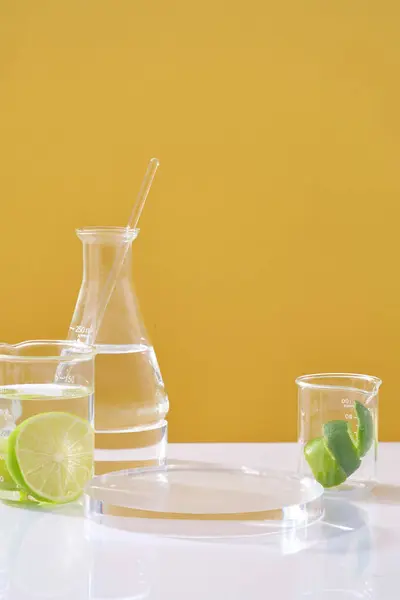 Framifrån Transparent Podium Laboratorieglas Som Innehåller Färglös Vätska Lime Skivor — Stockfoto