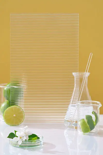 Advertising Photo Cosmetic Lime Extract Laboratory Glassware Acrylic Sheet Limes — Stock Photo, Image