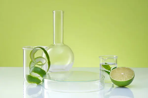 Halves Lime Spiral Peel Green Background Lab Glassware Petri Dish — Stock Photo, Image