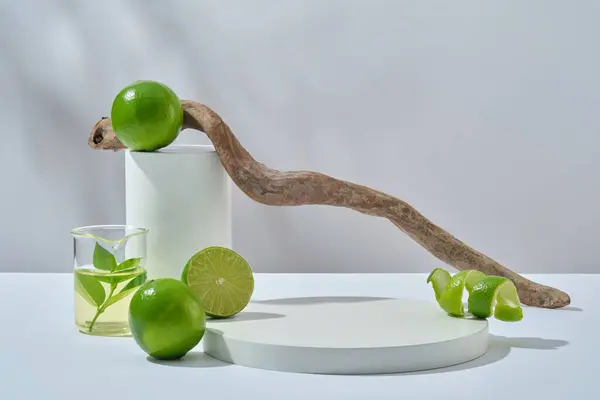 Blank Space Display Cosmetic Lime Extract White Podium Dried Twig — Stock Photo, Image