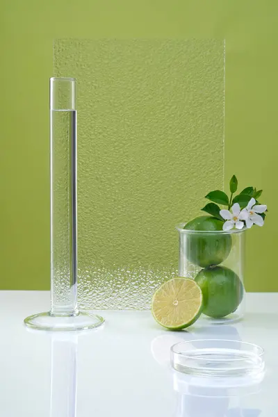 Blank Minimal Background Lab Glassware Fresh Lime Flower Decorated Green — Stock Photo, Image
