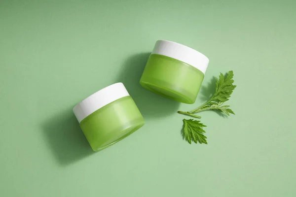 Top View Two Green Cream Jar Unlabeled Mockup Product Moisturizers — Stock Photo, Image