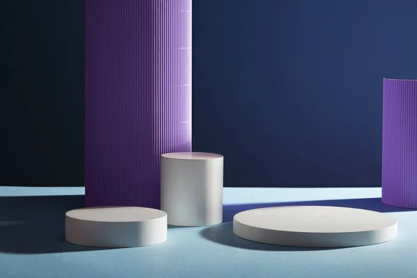 白い幾何学は暗い背景の表示プロダクトのための表彰台を空にします 紫色の紙の折り畳みは美しい柱を形成する ミニマルコンセプト 製品プレゼンテーションのためのスペース — ストック写真