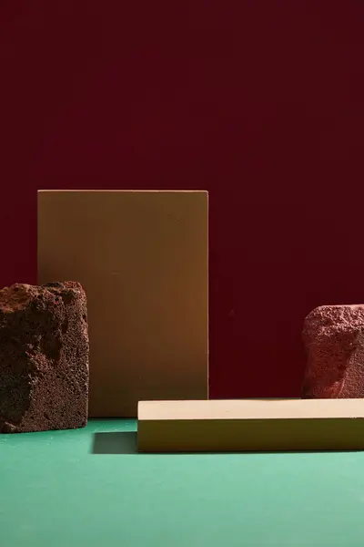 Minimális Illusztráció Kövekkel Üres Pódiummal Sötét Háttérrel Terület Termék Bemutatásához — Stock Fotó