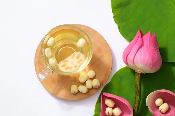 Top View Cup Lotus Seed Tea Wooden Tray Fresh Lotus — Stock Photo, Image