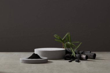 Bambu kömürü ve etkin bambu tozu birçok kozmetiğin bileşenleridir. Ürünleri, malları sergilemek için boş podyum. Ön görünüm.