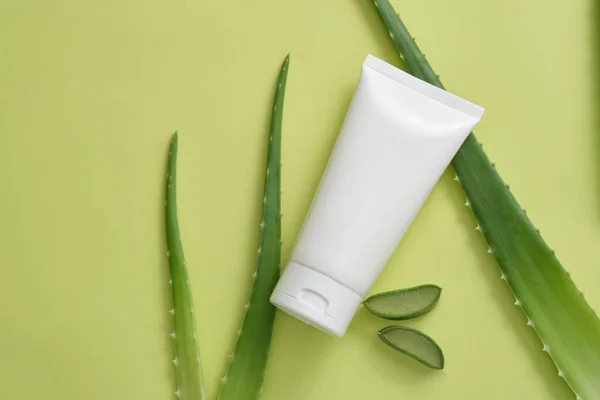 Skincare Organic Beauty Product Tube Few Aloe Vera Leaves Slices — Stock Photo, Image