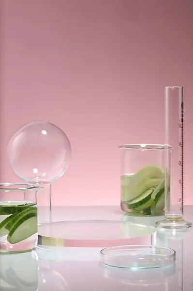 在紫色的背景上 有一个圆形的透明讲台 上面陈列着两个黄瓜烧杯和一些玻璃器皿 Cucumis Sativus 富含维生素C — 图库照片