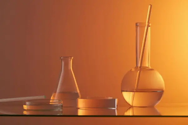 Laboratory Glassware Glass Rod Decorated Transparent Podium Gradient Orange Background — Stock Photo, Image