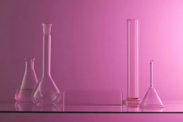 Laboratory Concept Some Flasks Glass Funnel Tube Transparent Podium Rectangle — Stock Photo, Image