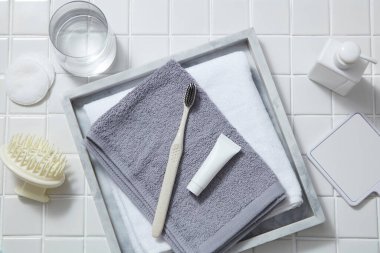 Ayna, pompa şişesi, bir bardak su, pamuk pedleri ve kafa masajı fırçasıyla süslenmiş havlularla süslenmiş mini bir diş fırçası. Aloe vera (Aloe barbadensis miller) diş eti iltihabının tedavisinde etkilidir.