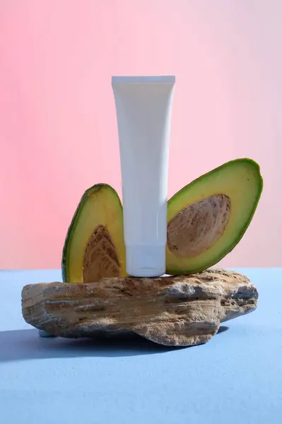 White Tube Pouted Stone Avocado Slices Branding Mockup Natural Oil — Stock Photo, Image