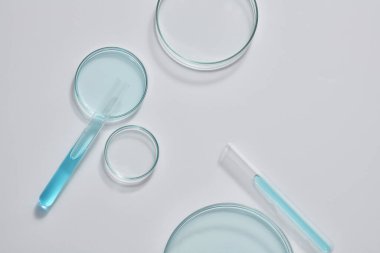 Beyaz arka planda mavi sıvıyla dolu deney tüpleriyle dekore edilmiş cam petri kapları olan minimal bir sahne. Ürün görüntüleme için boş alan, kopyalama alanı