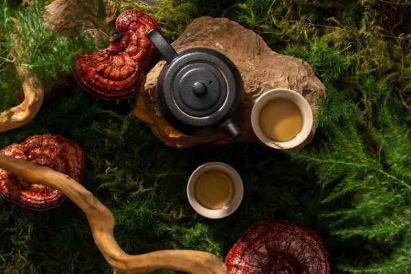 Üzerinde Toprak Çaydanlık Çay Fincanı Olan Bir Taş Bloğu Doğal — Stok fotoğraf