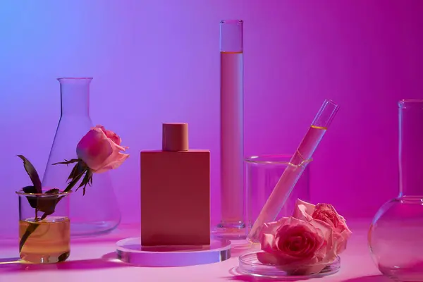 Frasco Perfume Rosa Pie Sobre Podio Redondo Transparente Exhibido Con —  Fotos de Stock