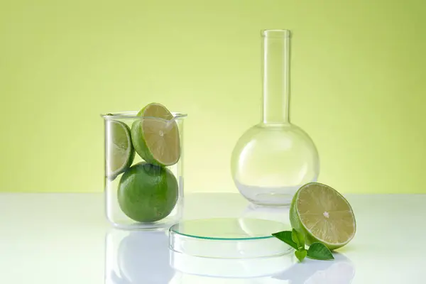 Een Bekerglas Met Limoenschijfjes Met Een Florentiekolf Met Platte Bodem — Stockfoto