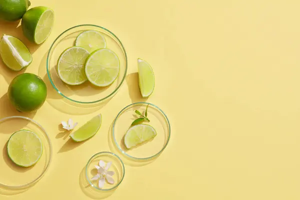 Some Glass Petri Dishes Containing White Flowers Lime Slices Light — Stock Photo, Image